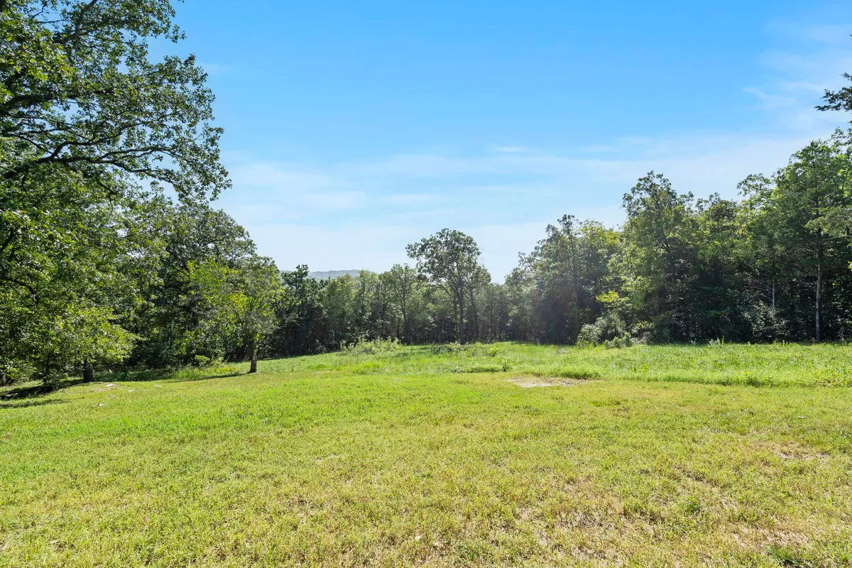 A wide, peaceful lawn framed by a distant tree line and a clear blue sky. The open space is ideal for outdoor activities such as picnicking, nature walks, or stargazing, and evokes the tranquil beauty of the Ozarks landscape.