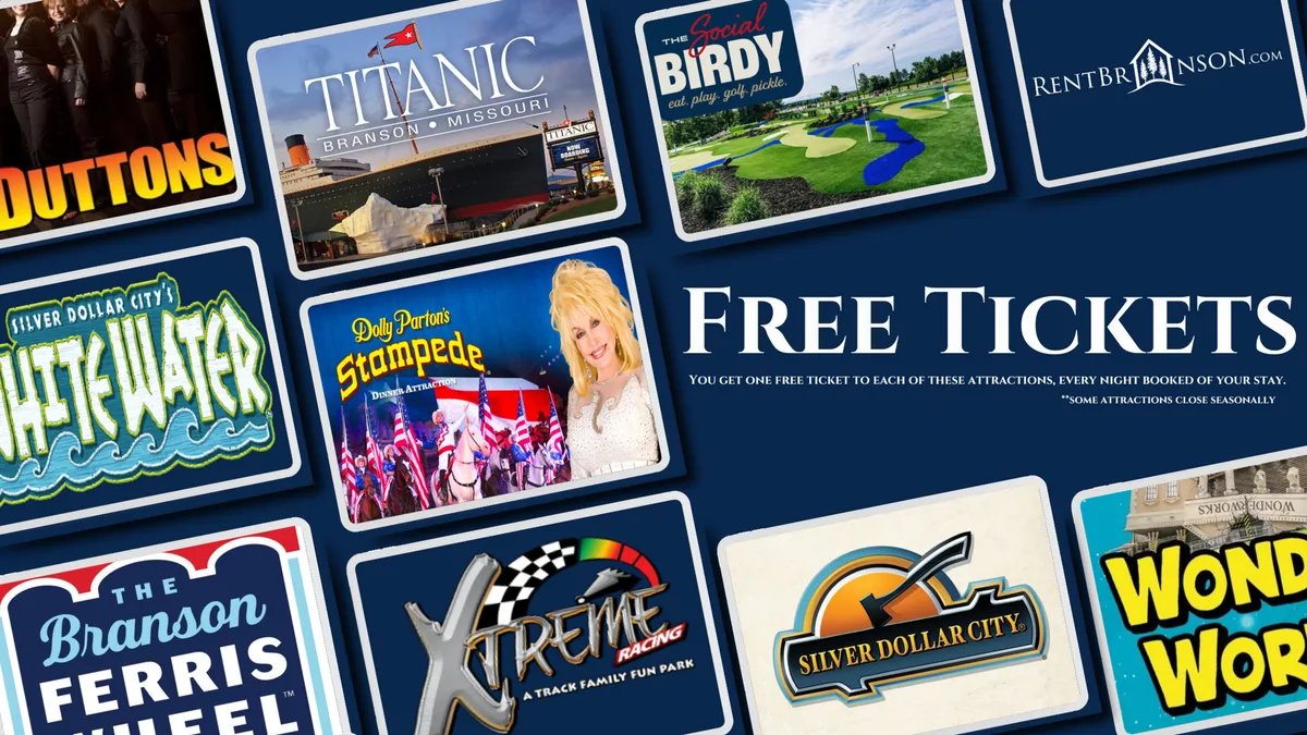 This image showcases colorful attraction tickets, bold text, and vibrant graphics, evoking the excitement of local venues and entertainment. The visual energy reflects attending shows, concerts, and family outings—key reasons guests might choose this property for group stays.